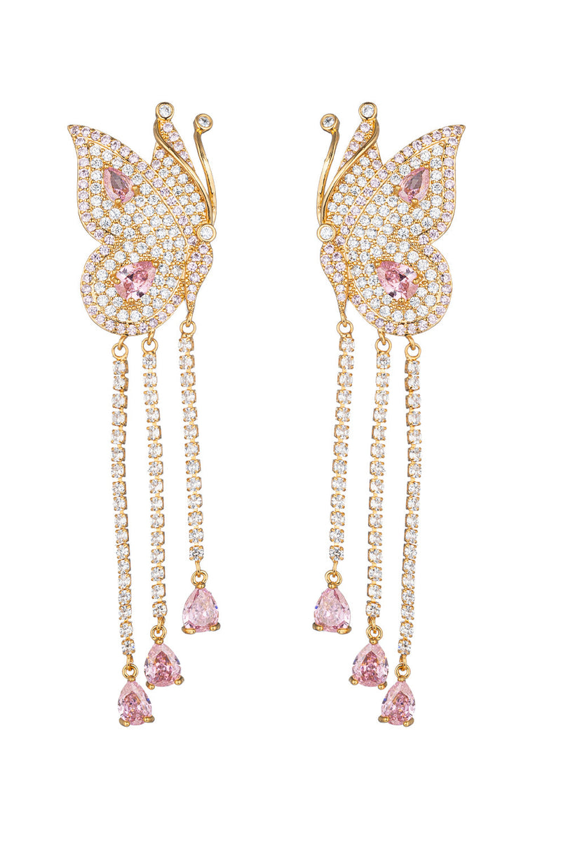 Pink Butterfly CZ Dangle Earrings