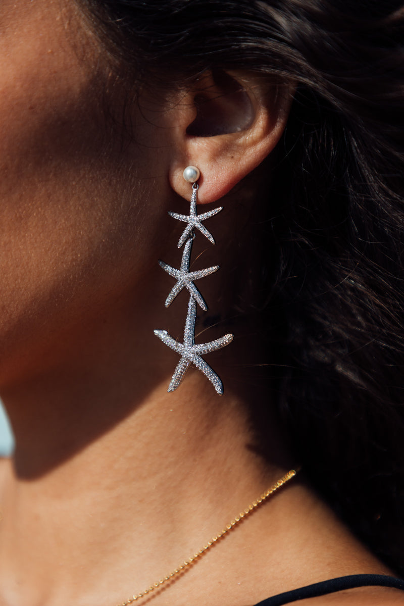 Silver Starfish CZ Drop Earrings