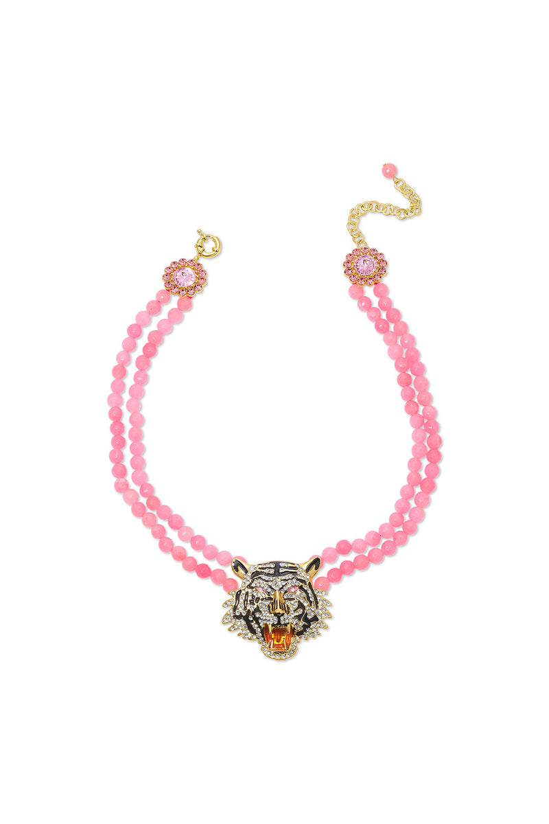 Tiger Rose Quartz Beaded Statement Drop Necklace