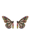 Butterfly wing earrings studded with glass crystals.