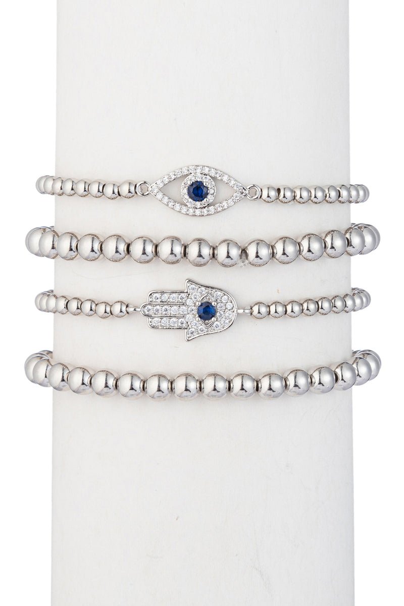 Silver evil eye & hamsa hand beaded bracelet studded with CZ crystals.