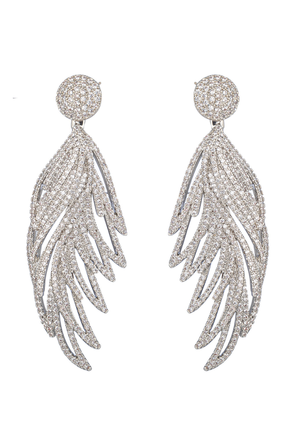 Silver tone brass feather earrings studded with CZ crystals.