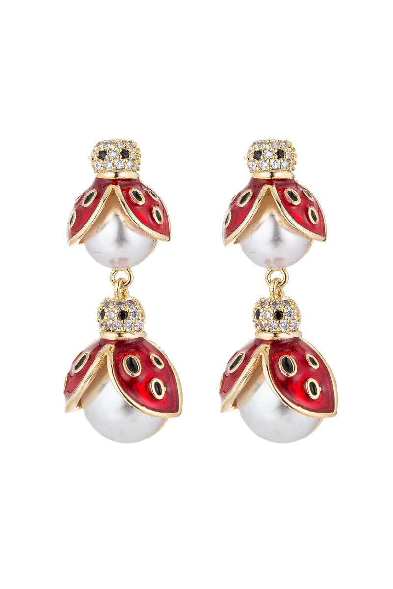 Ladybug drop earrings studded with CZ crystals.